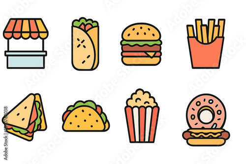 Fast food, snacks line icon set. Burgers, tacos, and more linear icons collection.
