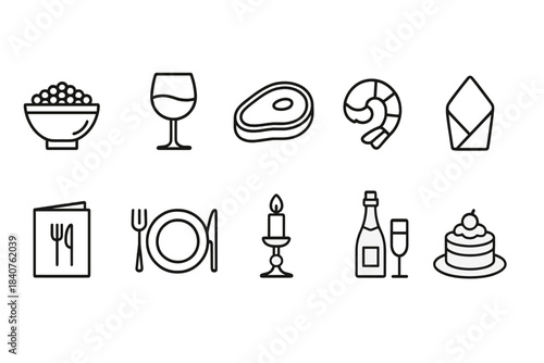 Culinary and dining outline icon set. Food, beverage, tableware, meal planning icons.