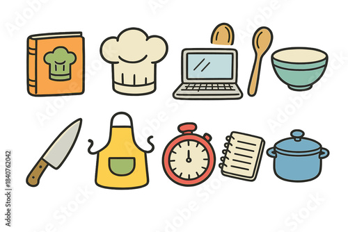 Cooking and kitchen icon set. Flat style for culinary, recipe, and food apps.