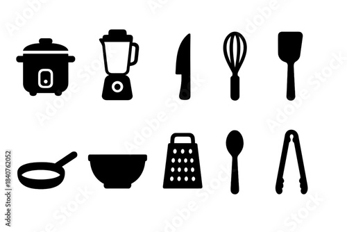 Kitchen essentials solid icon set. Cooking, utensils collection for culinary projects