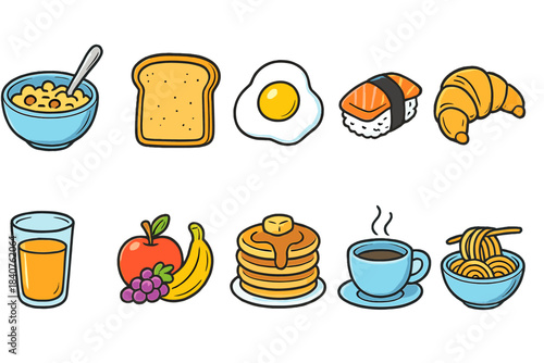 Breakfast foods flat icon set. Start your day with vibrant morning meal icons.