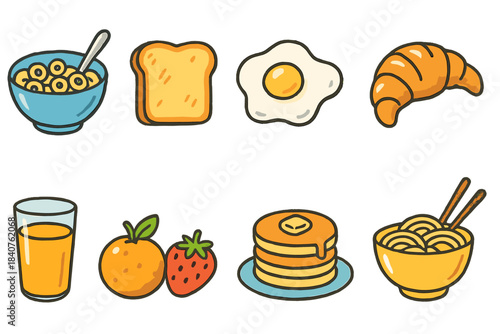 Breakfast food icon set. Cheerful, flat icons for meal, snack, nutrition visuals