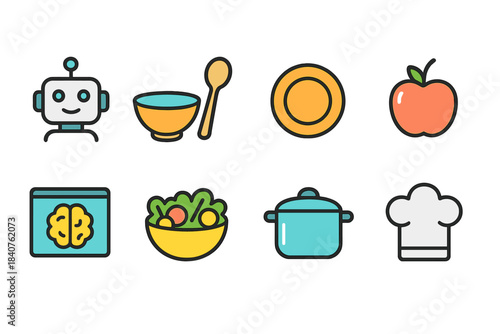 Cooking and ai, food linear icon set. Robot, bowl, plate, apple, chef icons line collection