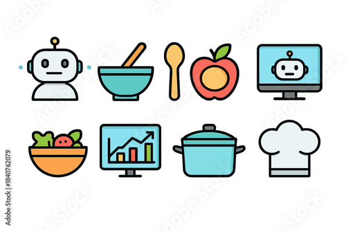 Technology and cooking flat icon set: robot, kitchen, chef icons collection
