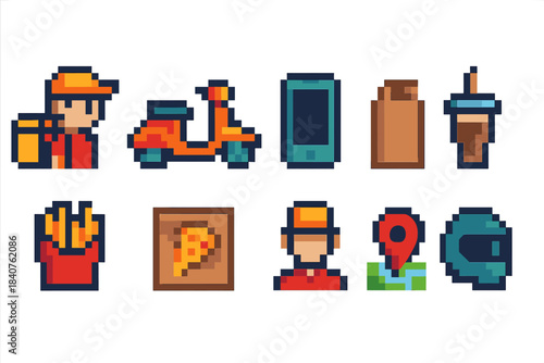 Delivery service pixel icon set. Food, delivery, navigation, pixel art icons collection.