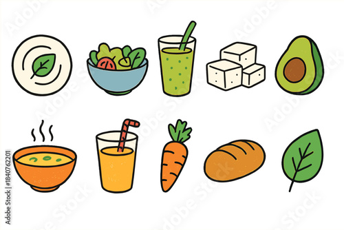 Healthy food and drink flat icon set. Vegan, organic, nutrition flat design icons.