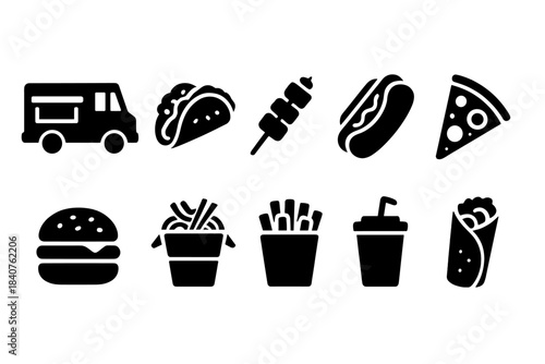 Food truck silhouette icon set. Fast food, snacks, and beverage silhouette collection