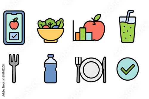 Healthy eating icon set. Flat style icons for nutrition, diet, and wellness tracking
