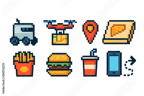 Food and delivery pixel icon set. Fast food, delivery service icons in pixel art style