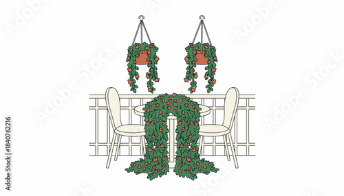 A tiny balcony adorned with hanging planters and a small bistro table overflowing with cascading vines and blooming plants.