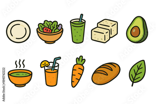 Healthy food outline icon set. Salad, juice, avocado, bread, and vegetables icons