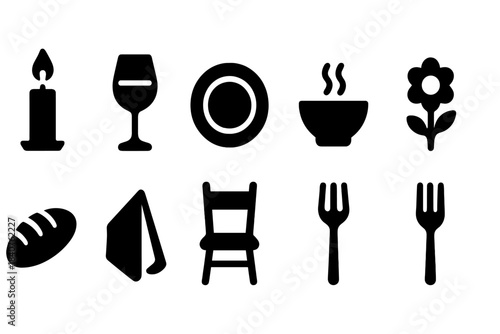 Dining and restaurant silhouette icon set: tableware, food, and beverage symbols