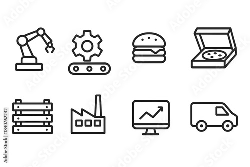 Industrial and logistics line icon set. Factory, machinery, delivery icons outline collection.