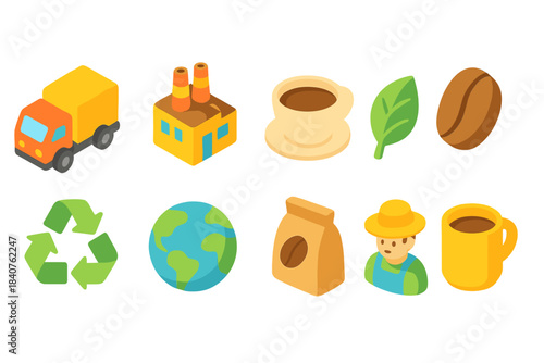 Sustainable living 3d icon set. Eco-friendly, recycling, coffee, agriculture, earth