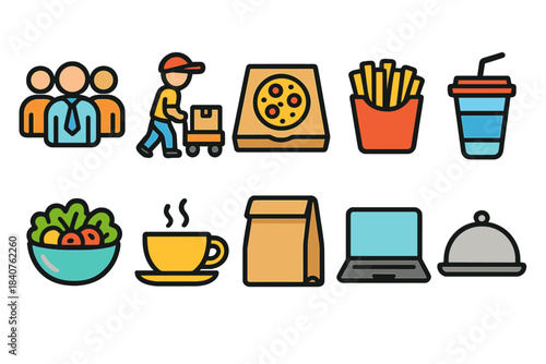 Food and delivery flat icon set. Pizza, drinks, and meals in flat design.