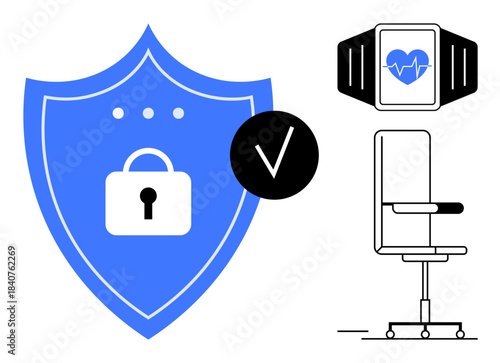 Data security, telemedicine, health monitoring, corporate work setup, cybersecurity, privacy. Shield with padlock, smartwatch with heart monitor and office chair. Data security and telemedicine