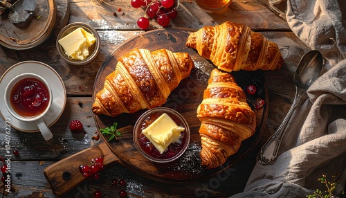 Delicious Croissants with Jam and Butter on a Rustic Wooden Table.