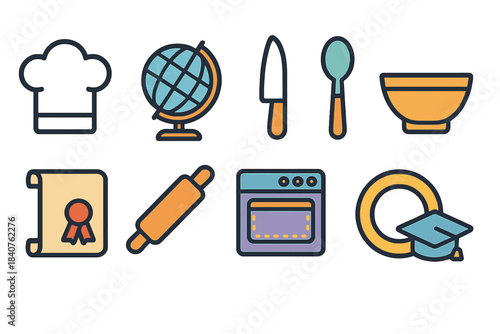 Cooking and education flat icon set. Kitchen, school, learning icons collection