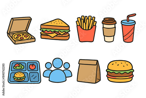 Fast food, snacks filled icon set. Burgers, pizza, drinks, sandwiches in filled style.