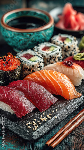 premium sushi selection featuring tuna and salmon nigiri, maki rolls, and red caviar on a black plate with soy sauce and pickled ginger. Ideal for Japanese cuisine, fresh seafood, and restaurant menus