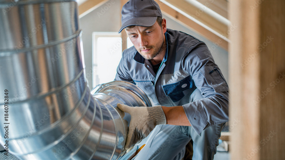Obraz premium Skilled hvac technician installing metal ductwork in attic, residential ventilation system setup, air duct alignment, climate control maintenance, airflow optimization, insulation upgrade