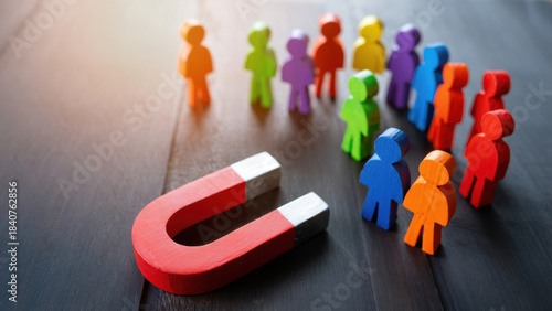 Customer attraction concept with magnet pulling colorful wooden figures, business lead generation strategy, marketing audience engagement, client acquisition funnel, targeted outreach