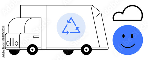 Recycling concept. Recycling truck a sustainability symbol with a blue happy and cloud for environmental awareness. Recycling is key for eco-friendly living. Perfect for environmental campaigns