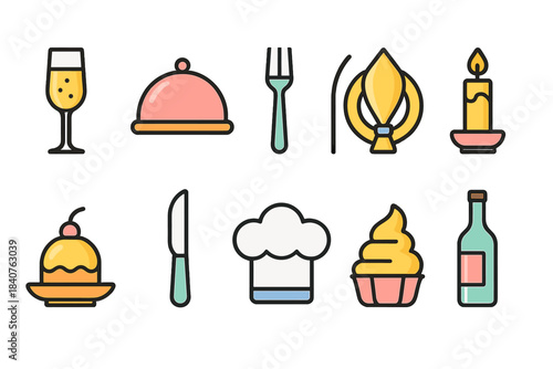 Food and dining flat icon set. Restaurant and culinary icons collection.