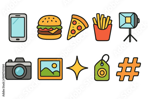 Flat food and social media icon set. Burger, pizza, hashtag icons flat collection