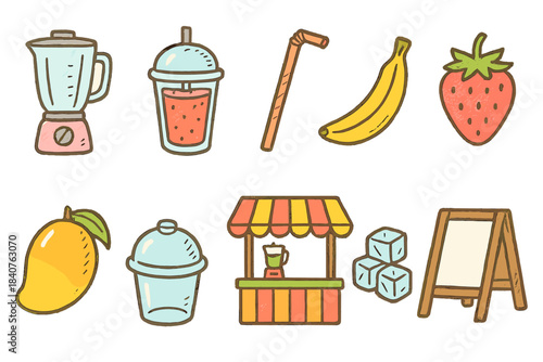 Juice and smoothie flat icon set. Refreshing, fruit, drink, blender icons collection