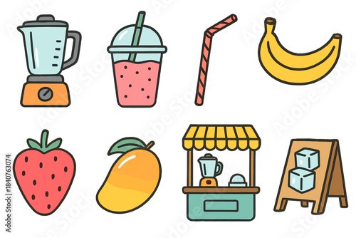 Juice bar, smoothie stand filled icon set. Fruits, blender, cold drink icons collection
