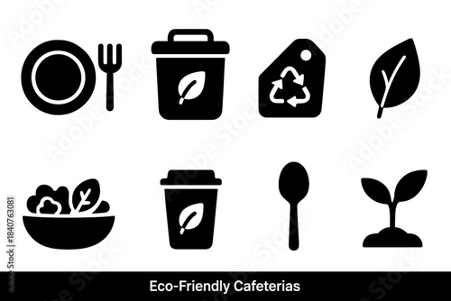 Eco-friendly cafeterias icon set. Sustainability, green dining, linear collection.