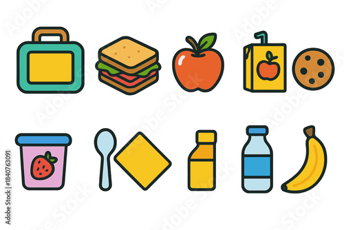 Lunch food flat icon set. Sandwich, drink, snack icons flat collection