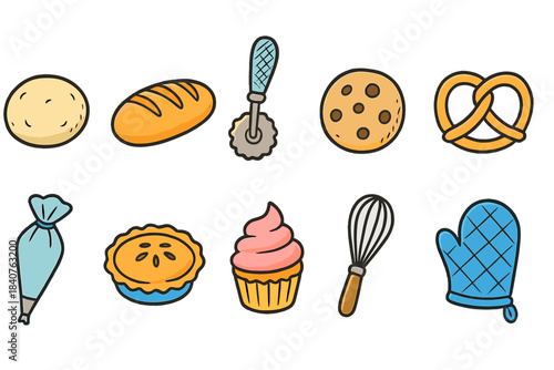 Bakery, pastry flat icon set. Baking essentials and desserts icons collection