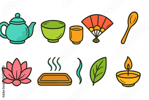Japanese culture icon set. Flat icons of tea, fan, lotus and more cultural items.