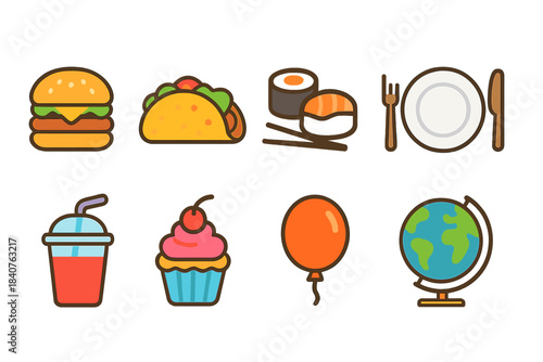 Food and travel outline icon set. Dining, cuisine, and global adventure symbols.