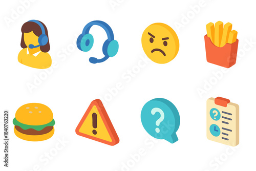 Fast food, customer service 3d icon set. Restaurant, communication 3d icons selection
