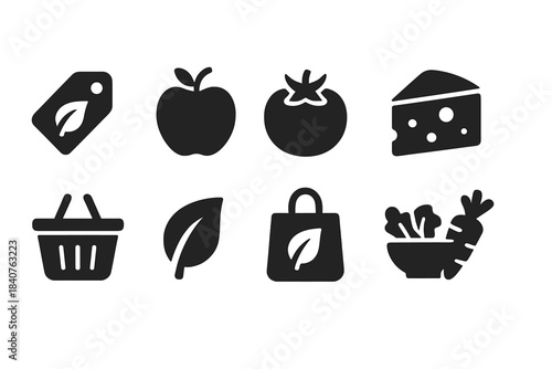 Grocery shopping silhouette icon set: food, market, organic, basket, leafy style