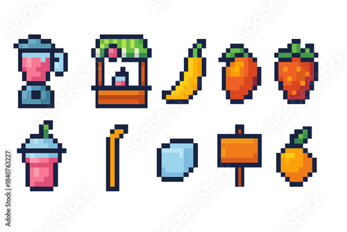 Pixel art icon set. Fruits, juices, smoothies, and stands in retro pixel style