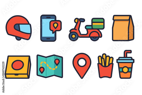 Food delivery flat icon set. Express, service, and culinary icons collection