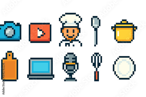 Culinary arts pixel icon set. Cooking, kitchen tools, 8-bit food icons collection