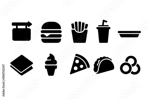 Fast food silhouette icon set. Burgers, fries, drinks, and snack silhouettes collection.