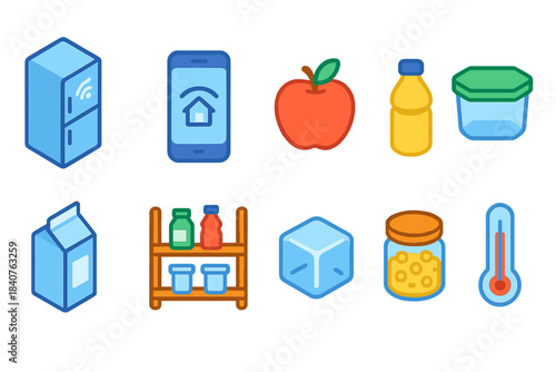Smart home appliance icon set. 3D kitchen, tech, fridge, food, beverage collection
