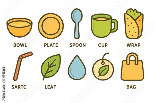 Food and drink outline icon set. Eco-friendly restaurant and dining elements
