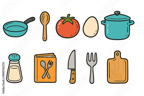Cooking essentials cartoon icon set. Kitchen utensils and food outline illustration.