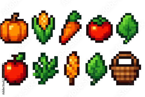 Vegetable and fruit pixel icon set. Retro gaming and harvest pixel art collection.