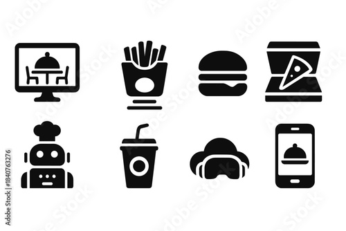 Food and dining silhouette icon set. Restaurant, fast food, beverage icons collection
