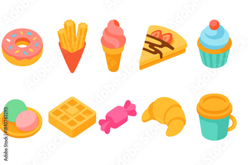 3D neon food icon set. Vibrant snacks, desserts, and drinks symbols collection
