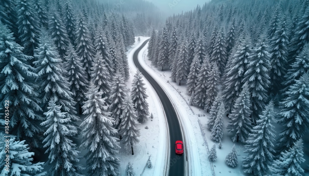 Fototapeta premium Red car drives on winding road through snowy forest. Aerial view of winter landscape with snow covered pine trees. Journey through remote wilderness.