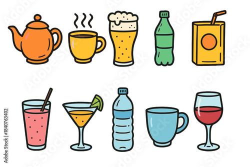 Beverage icon set, including drinks and cocktails, in a flat style